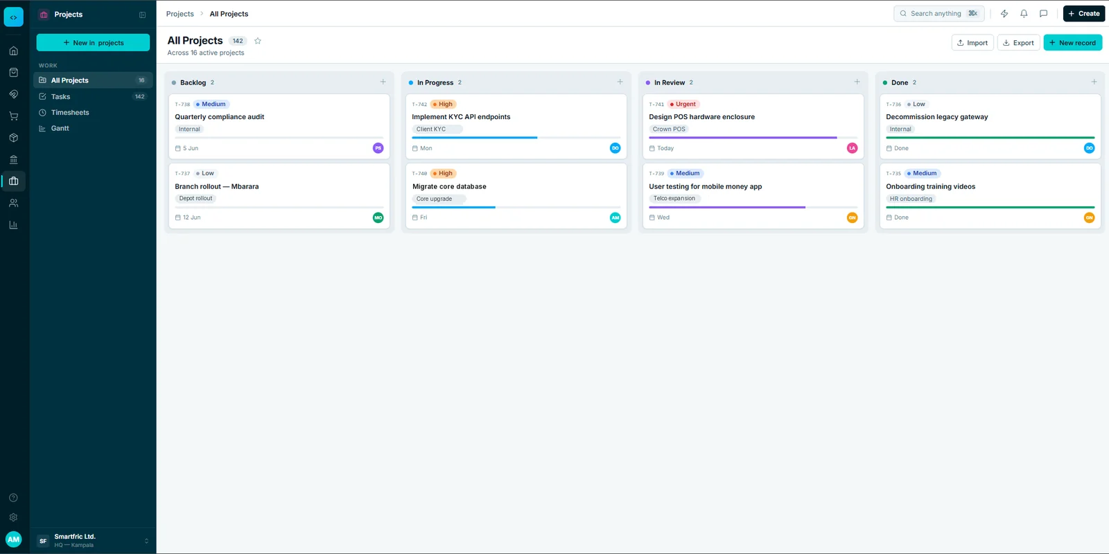 Tatrol ERP projects board with tasks grouped into backlog, in progress, in review and done