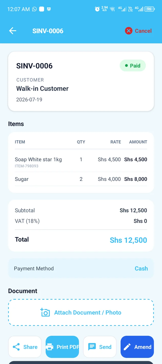 A paid Tatrol POS invoice showing line items, VAT and the cash payment method