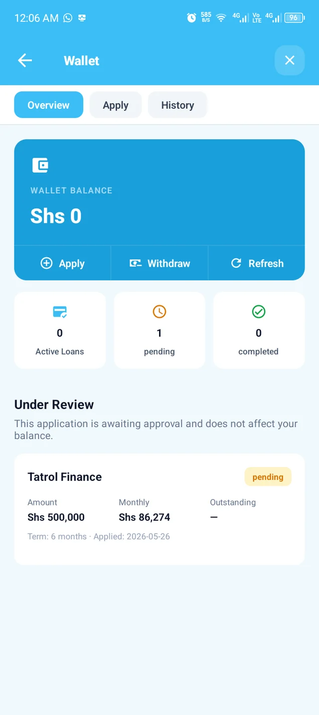 The Tatrol POS wallet screen showing balance and a pending finance application